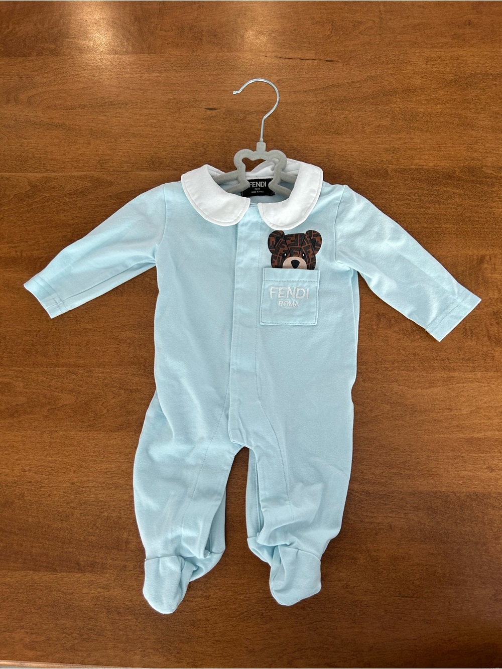 Fendi Light Blue Bear-Trim Cotton Baby One-Piece size 0-3 months